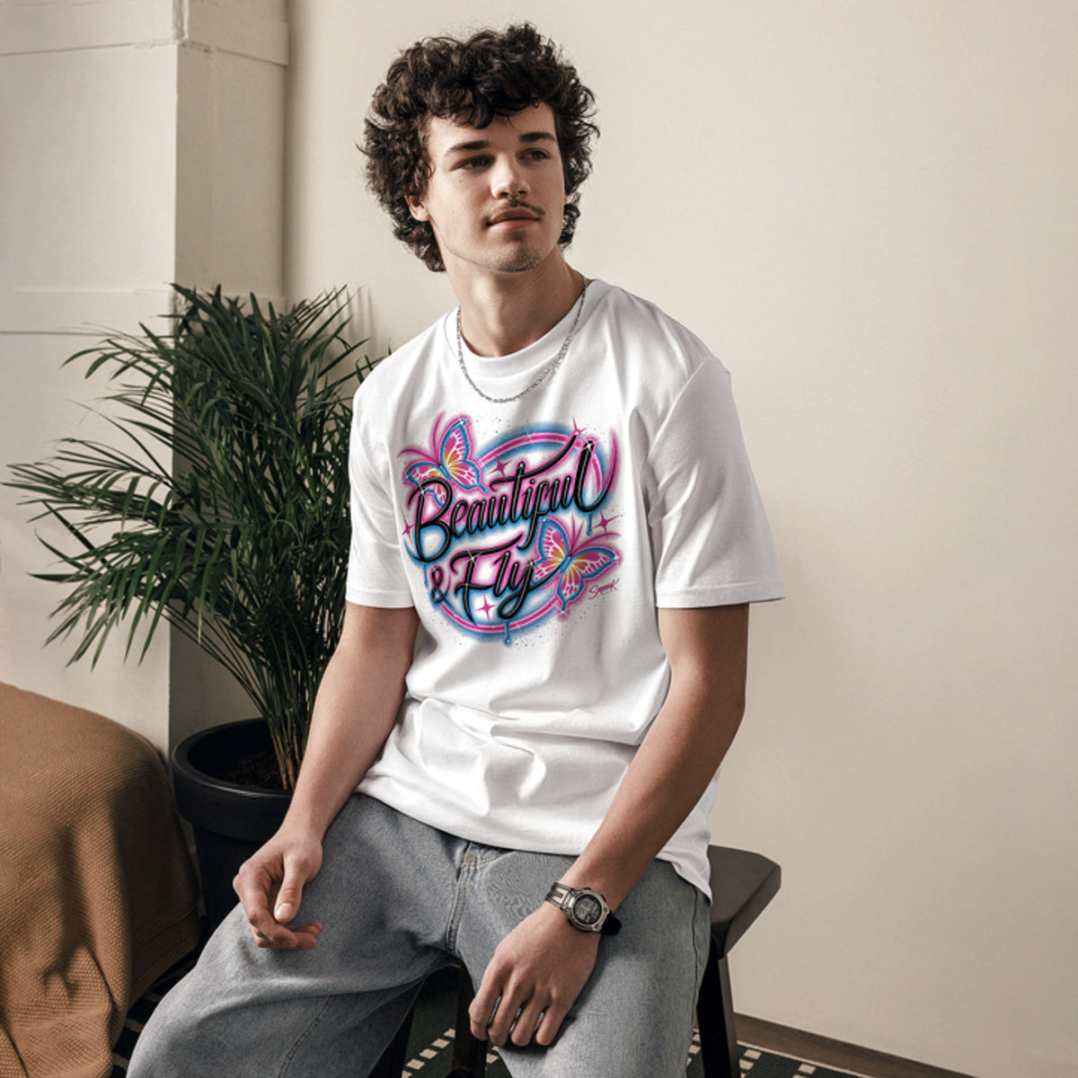 'Beautiful & Fly' Graphic T-Shirt – Airbrushed Style Unisex Organic Cotton Tee