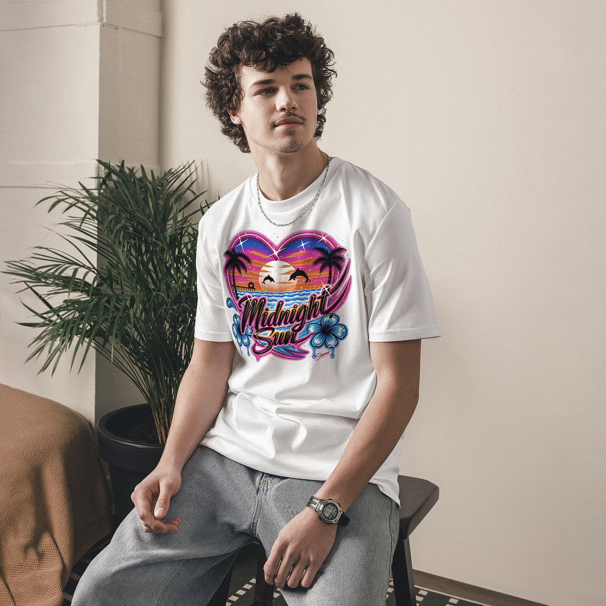 'Midnight Sun' Graphic T-Shirt – Airbrushed Style Unisex Organic Cotton Tee