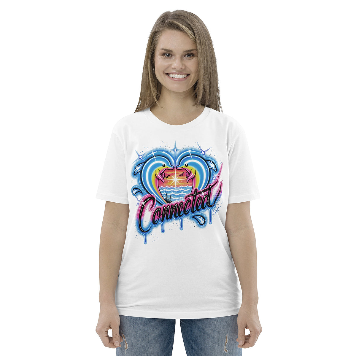'Connected Dolphins' Graphic T-Shirt – Airbrushed Style Unisex Organic Cotton Tee